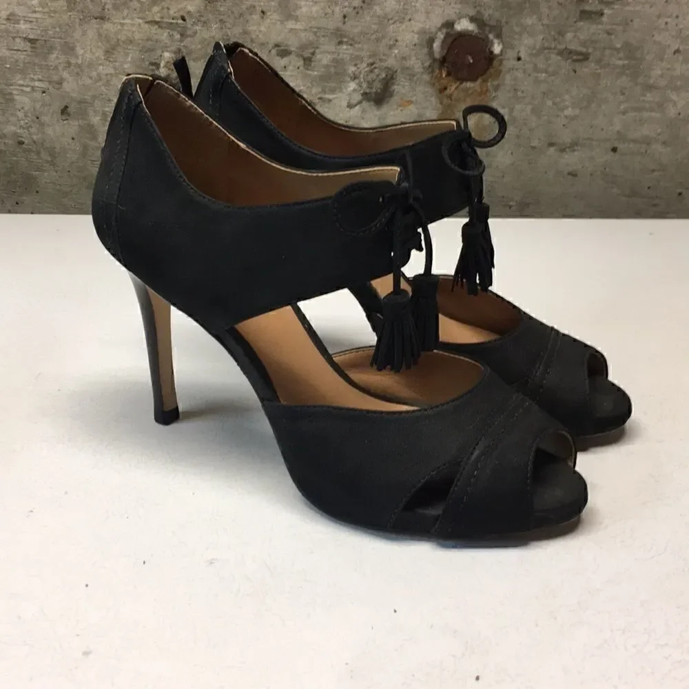 𝅺euc Talbots peep toe high heel tassel shoes sz 7.5